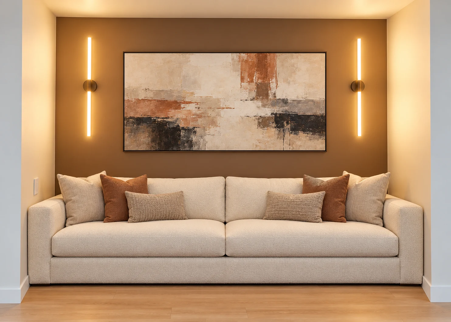 Two illuminated vertical wall sconces above a sofa and artwork