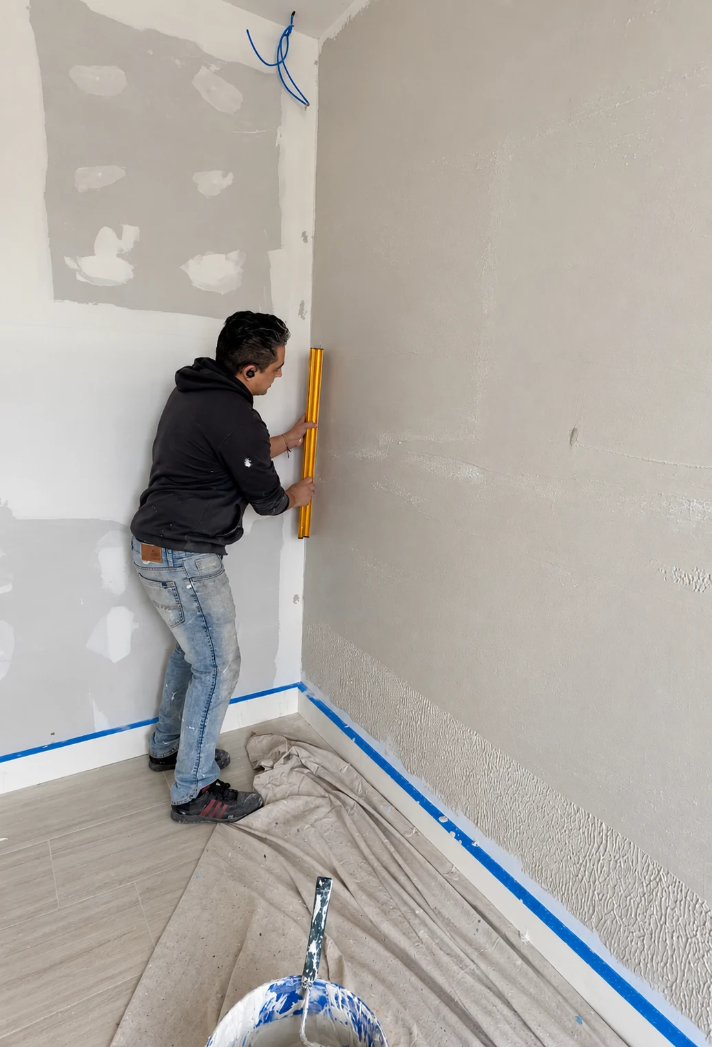 Worker checking a drywall corner during wall preparation for a Level 5 finish