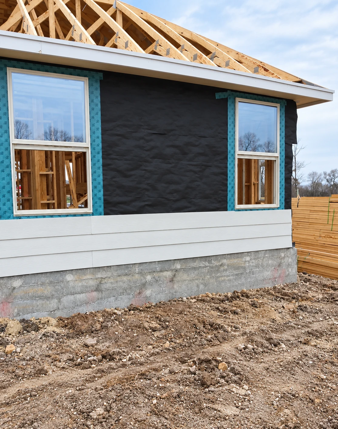 Renova window installation in progress with blue flashing tape around the window openings